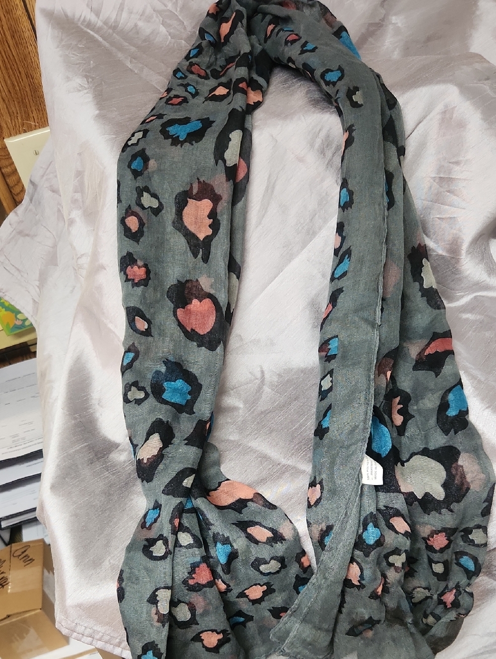 Gray Leopard-Print Infinity Scarf with Blue and Pink Accents